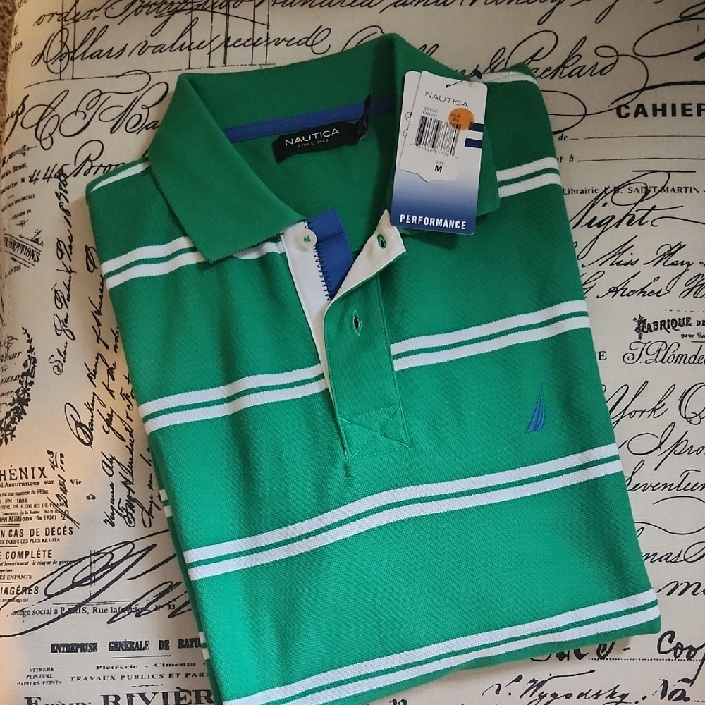 Nautica Green and White Striped Performance Polo